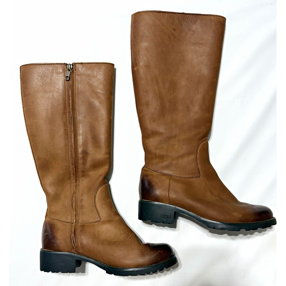 UGG Australia Broome II Brown Leather Tall Zip Shearling Lined Boots Womens 6.5